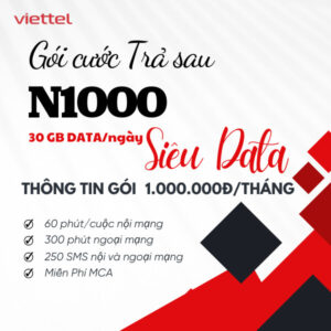 Gói N1000 Viettel ưu đãi đặc biệt cho khách hàng hòa mạng mới thuê bao trả sau hoặc chuyển từ trả trước sang trả sau, với miễn phí gọi nội mạng Viettel 60 phút mỗi cuộc gọi + 300 phút ngoại mạng + 250 Sms nhắn tin trong nước + 900GB Data tốc độ cao (30Gb 4G mỗi ngày. Hết 30Gb dừng truy cập. Miễn phí sử dụng Tivi360 Basic. Miễn phí dịch vụ thông báo cuộc gọi nhỡ MCA. Giá siêu rẻ chỉ 500.000đ/tháng rất phù hợp cho các khách hàng có nhu cầu gọi nội mạng, đồng thời sử dụng Data truy cập internet. Hãy cùng tìm hiểu cách đăng ký gói N1000 Viettel trả sau – Combo giá rẻ, không lo nạp thẻ trong bài viết này nhé!