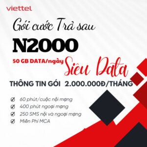 Gói N2000 Viettel ưu đãi đặc biệt cho khách hàng hòa mạng mới thuê bao trả sau hoặc chuyển từ trả trước sang trả sau, với miễn phí gọi nội mạng Viettel 60 phút mỗi cuộc gọi + 400 phút ngoại mạng + 250 Sms nhắn tin trong nước + 1500GB Data tốc độ cao (50Gb 4G mỗi ngày. Hết 50Gb dừng truy cập. Miễn phí sử dụng Tivi360 Basic. Miễn phí dịch vụ thông báo cuộc gọi nhỡ MCA. Giá siêu rẻ chỉ 500.000đ/tháng rất phù hợp cho các khách hàng có nhu cầu gọi nội mạng, đồng thời sử dụng Data truy cập internet. Hãy cùng tìm hiểu cách đăng ký gói N2000 Viettel trả sau – Combo giá rẻ, không lo nạp thẻ trong bài viết này nhé!