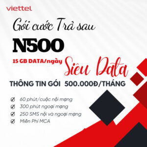 Gói N500 Viettel ưu đãi đặc biệt cho khách hàng hòa mạng mới thuê bao trả sau hoặc chuyển từ trả trước sang trả sau, với miễn phí gọi nội mạng Viettel 60 phút mỗi cuộc gọi + 300 phút ngoại mạng + 250 Sms nhắn tin trong nước + 450GB Data tốc độ cao (15Gb 4G mỗi ngày. Hết 15Gb dừng truy cập. Miễn phí sử dụng Tivi360 Basic. Miễn phí dịch vụ thông báo cuộc gọi nhỡ MCA. Giá siêu rẻ chỉ 500.000đ/tháng rất phù hợp cho các khách hàng có nhu cầu gọi nội mạng, đồng thời sử dụng Data truy cập internet. Hãy cùng tìm hiểu cách đăng ký gói N500 Viettel trả sau – Combo giá rẻ, không lo nạp thẻ trong bài viết này nhé!